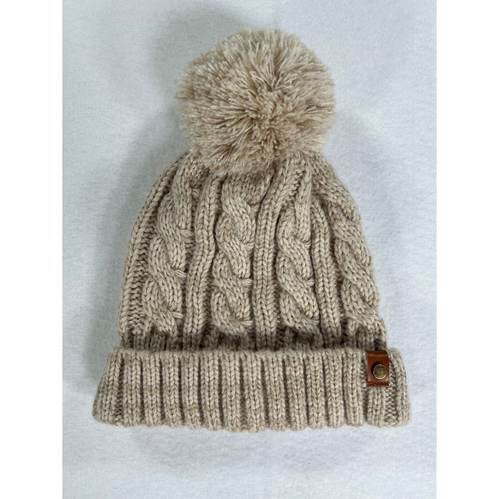 Frye Womens Tan Cable Knit Pom Pom Beanie Hat Brown Winter Hat Cabin Cozy